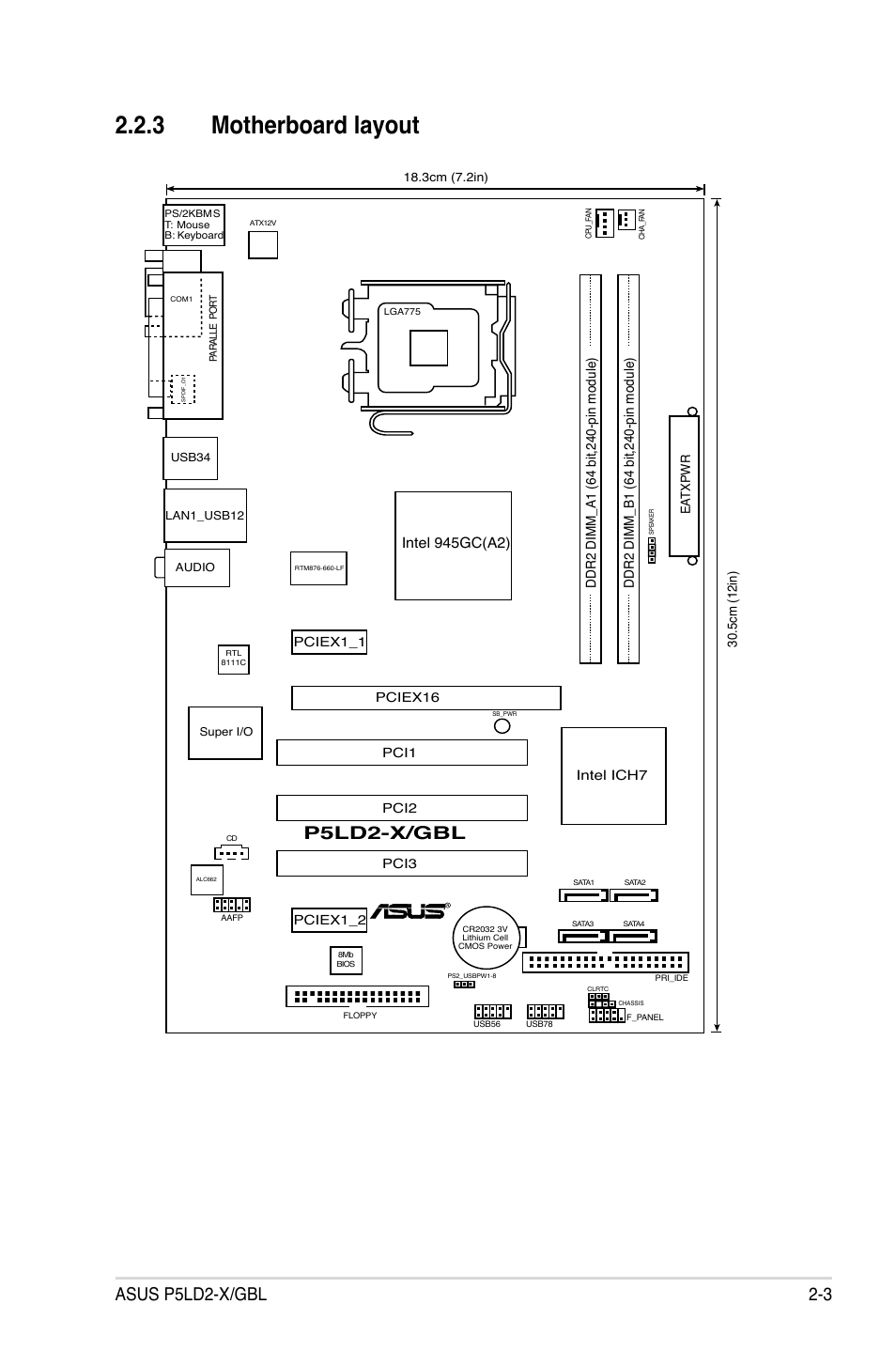 3 motherboard layout, Asus p5ld2-x/gbl 2-3, P5ld2-x/gbl | Intel 945gc(a2), 5cm (12in), Intel ich7, Pci1 | Asus P5LD2-X/GBL User Manual | Page 25 / 112