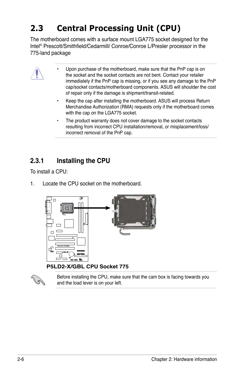 3 central processing unit (cpu), 1 installing the cpu | Asus P5LD2-X/GBL User Manual | Page 28 / 112