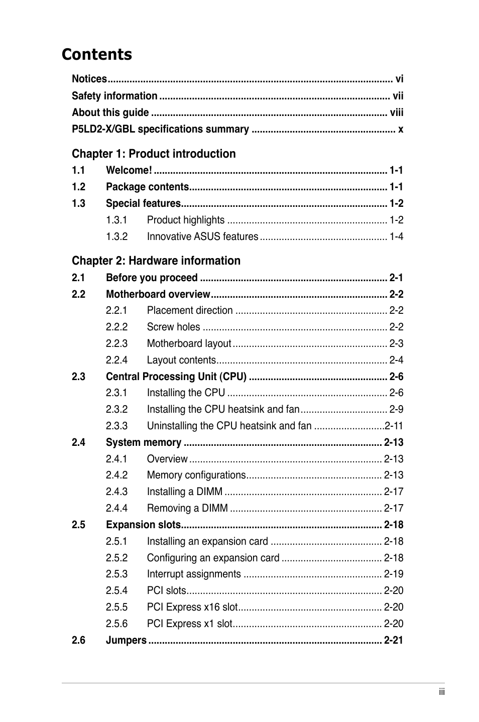 Asus P5LD2-X/GBL User Manual | Page 3 / 112