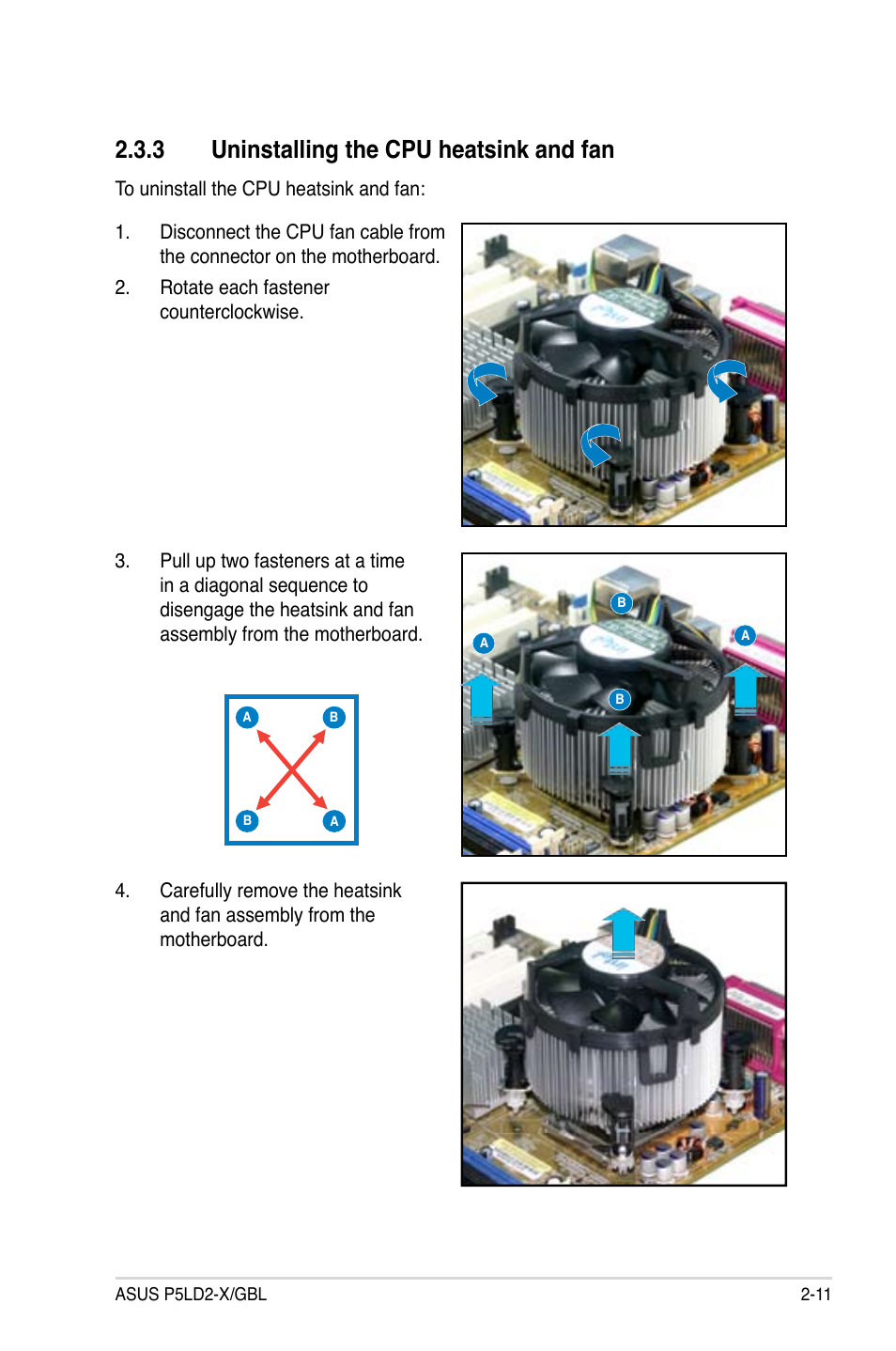 3 uninstalling the cpu heatsink and fan | Asus P5LD2-X/GBL User Manual | Page 33 / 112