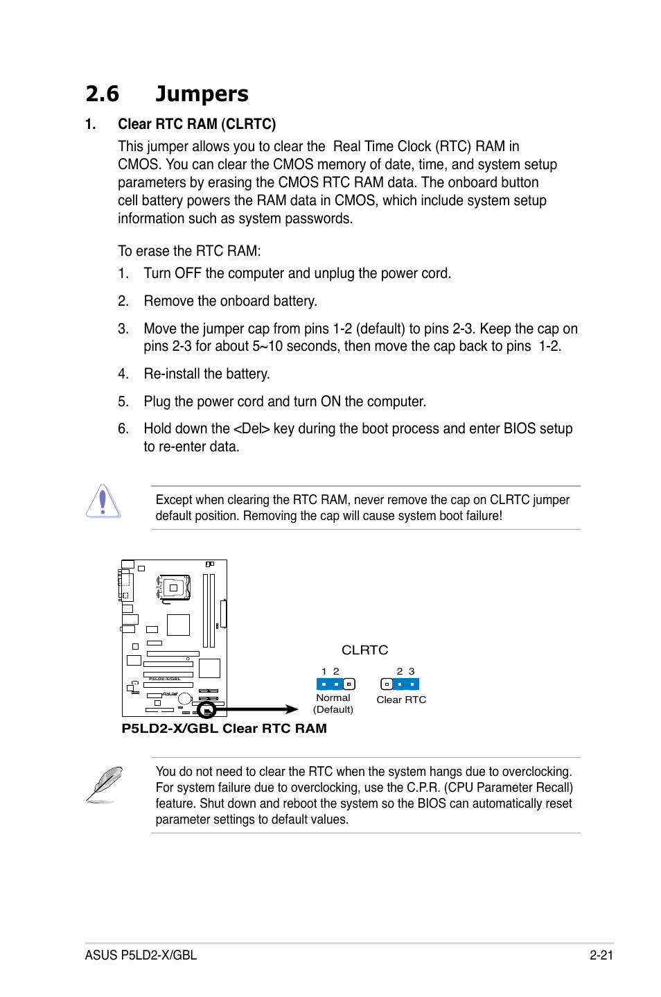 6 jumpers | Asus P5LD2-X/GBL User Manual | Page 43 / 112