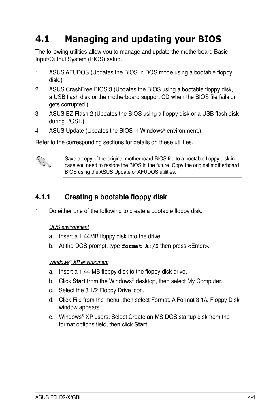 1 managing and updating your bios, 1 creating a bootable floppy disk | Asus P5LD2-X/GBL User Manual | Page 59 / 112