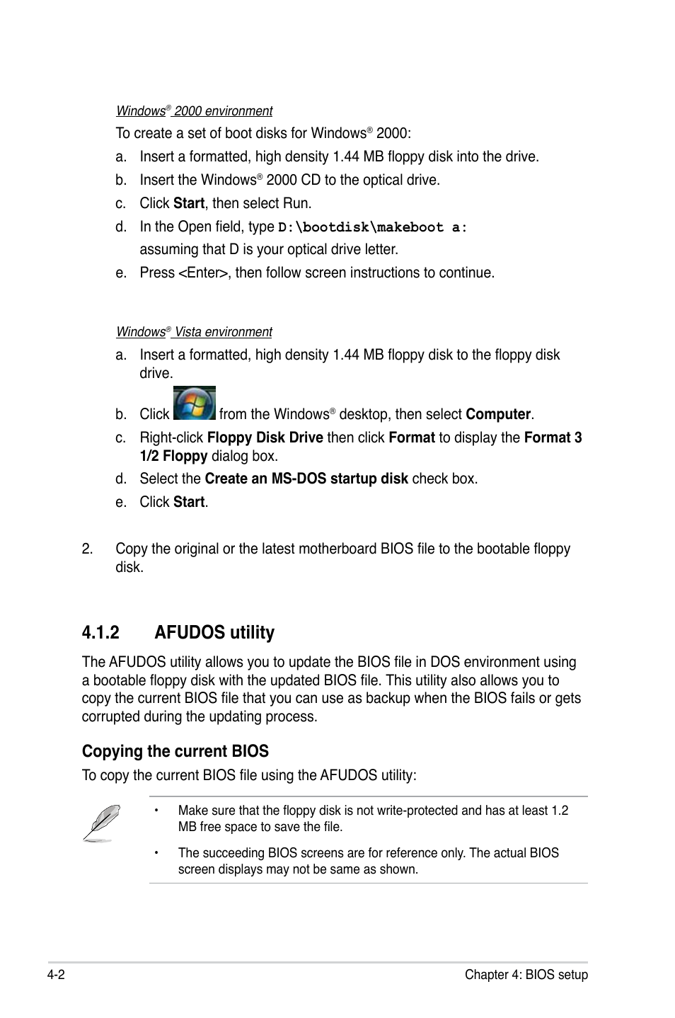 2 afudos utility, Copying the current bios | Asus P5LD2-X/GBL User Manual | Page 60 / 112
