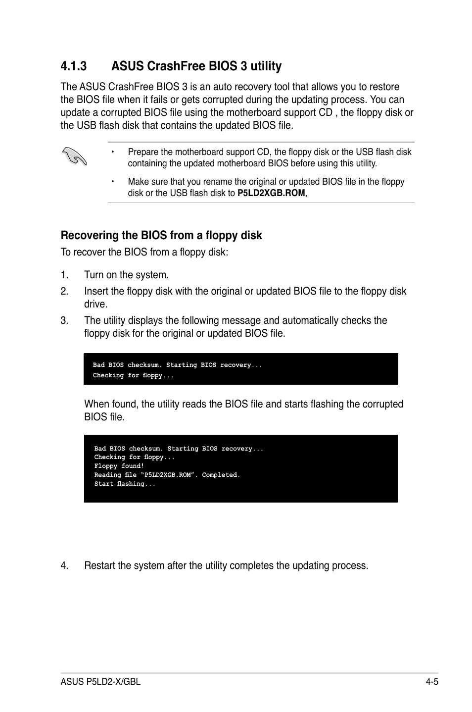 3 asus crashfree bios 3 utility, Recovering the bios from a floppy disk | Asus P5LD2-X/GBL User Manual | Page 63 / 112