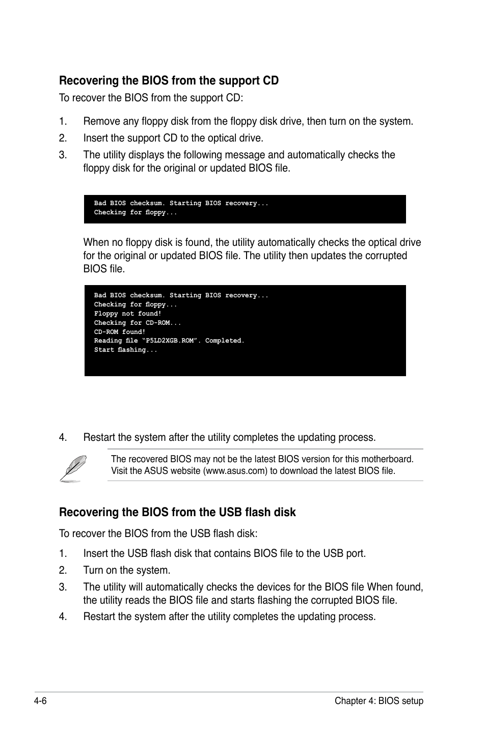 Recovering the bios from the support cd, Recovering the bios from the usb flash disk | Asus P5LD2-X/GBL User Manual | Page 64 / 112