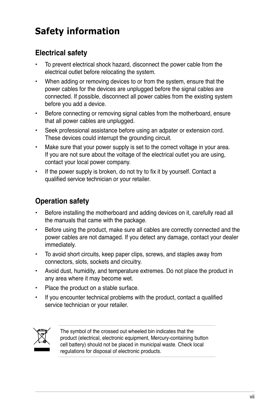 Safety information, Electrical safety, Operation safety | Asus P5LD2-X/GBL User Manual | Page 7 / 112