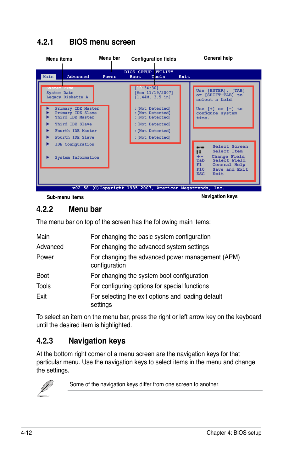 2 menu bar, 3 navigation keys, 1 bios menu screen | Asus P5LD2-X/GBL User Manual | Page 70 / 112