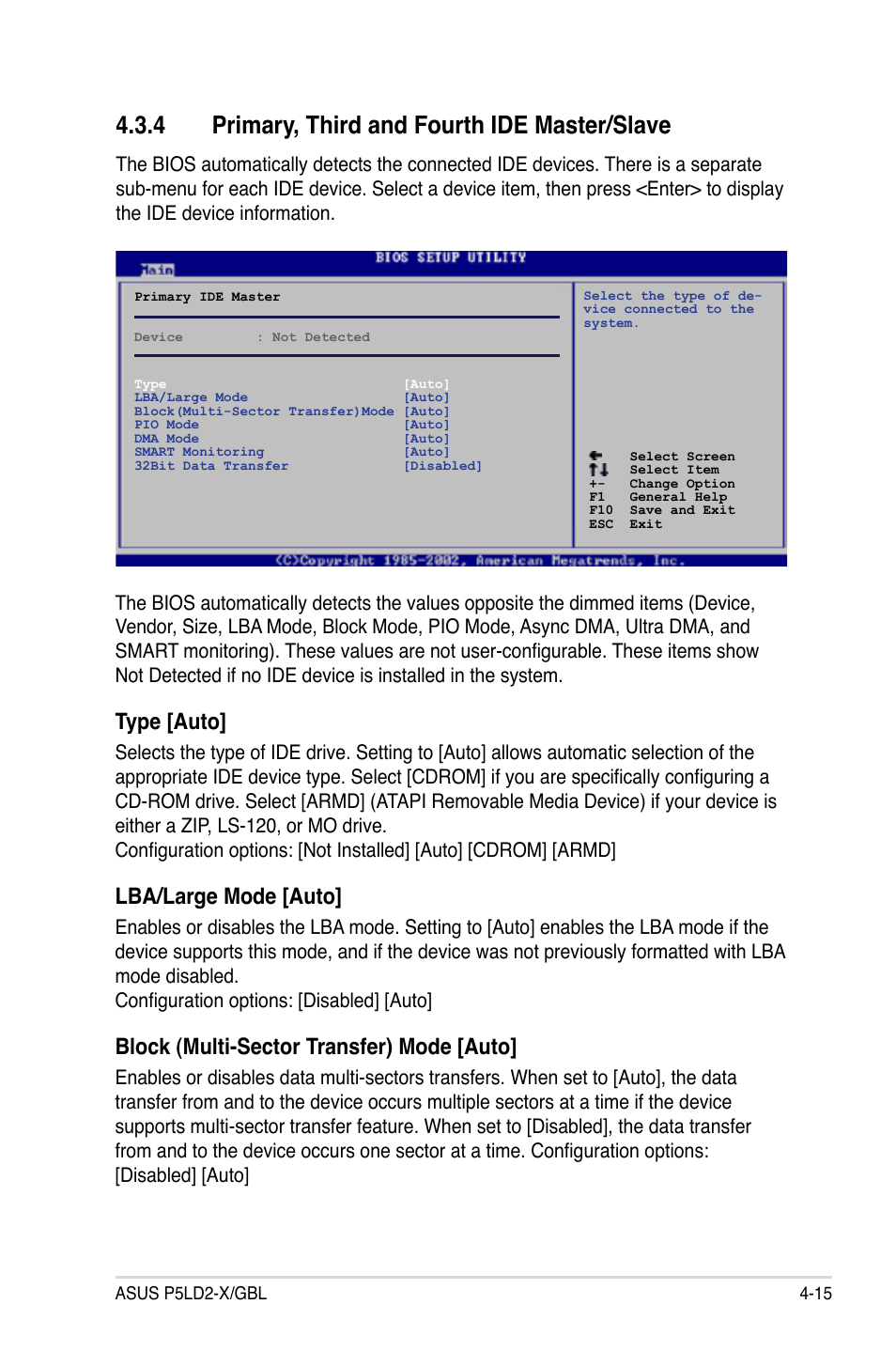 4 primary, third and fourth ide master/slave, Type [auto, Lba/large mode [auto | Block (multi-sector transfer) mode [auto | Asus P5LD2-X/GBL User Manual | Page 73 / 112