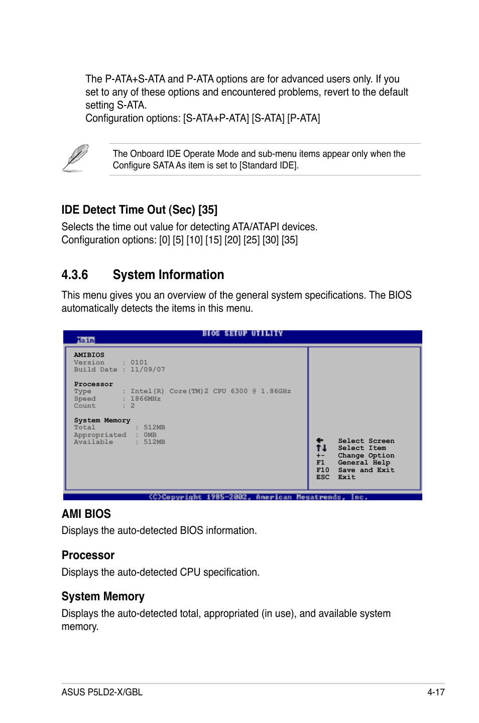 6 system information, Ide detect time out (sec) [35, Ami bios | Processor | Asus P5LD2-X/GBL User Manual | Page 75 / 112