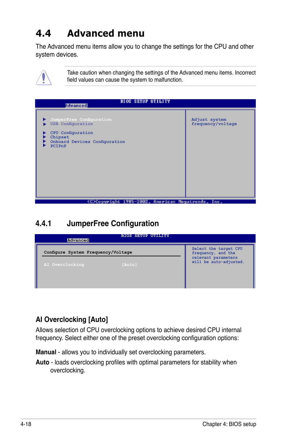 4 advanced menu, 1 jumperfree configuration, Ai overclocking [auto | Asus P5LD2-X/GBL User Manual | Page 76 / 112