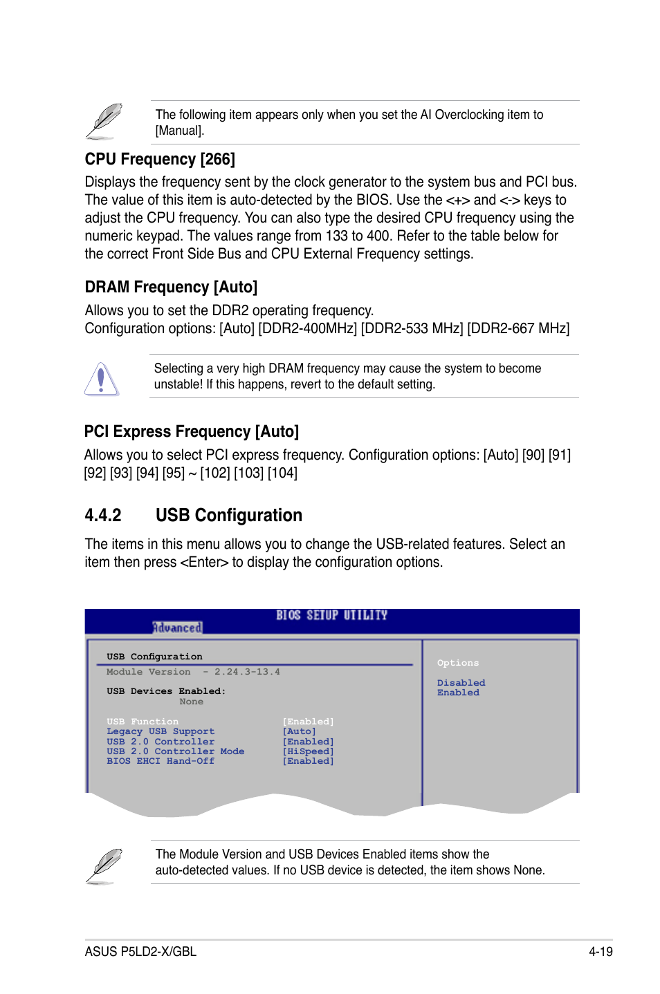 2 usb configuration, Dram frequency [auto, Cpu frequency [266 | Pci express frequency [auto | Asus P5LD2-X/GBL User Manual | Page 77 / 112