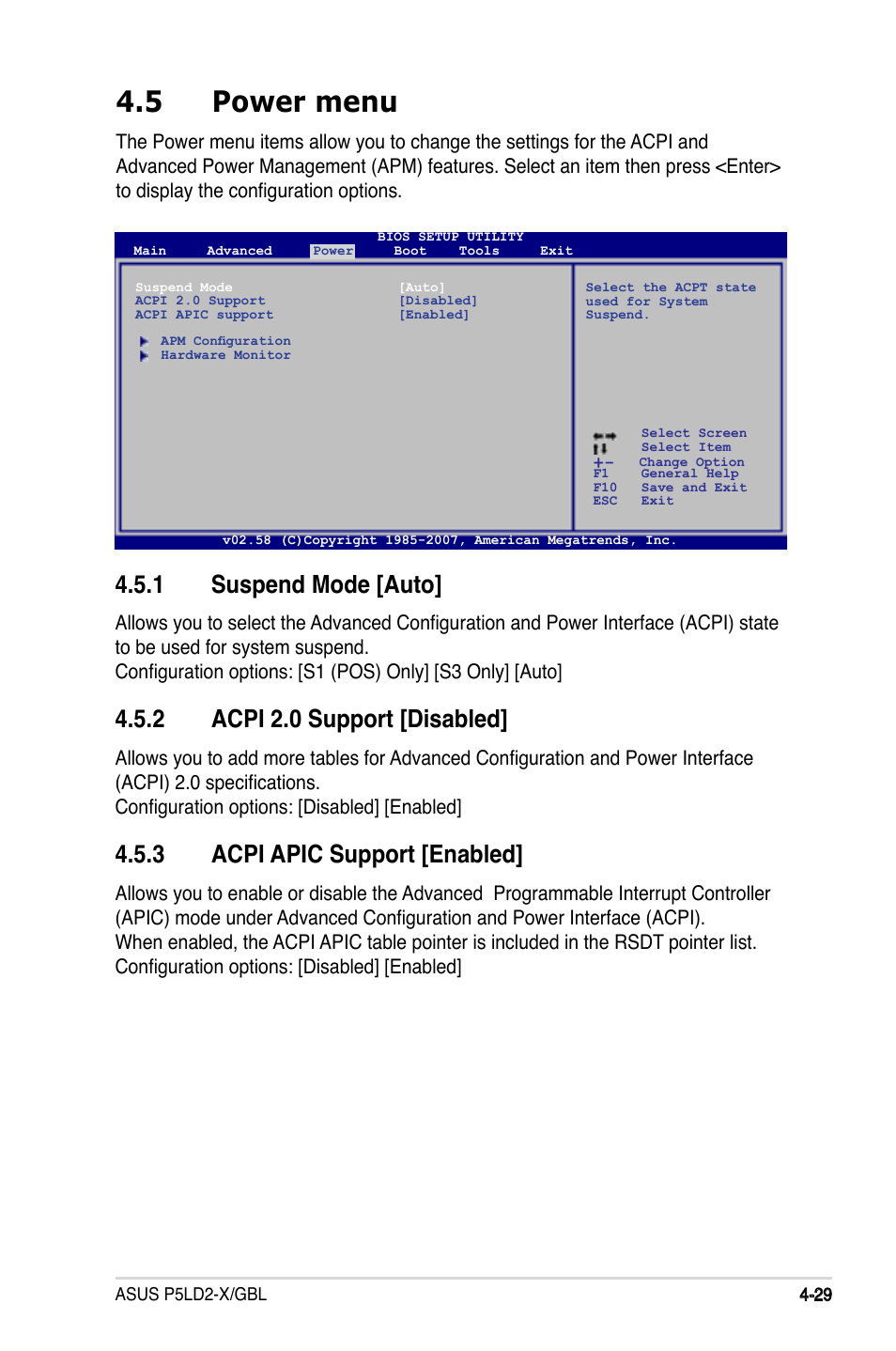 5 power menu, 1 suspend mode [auto, 2 acpi 2.0 support [disabled | 3 acpi apic support [enabled | Asus P5LD2-X/GBL User Manual | Page 87 / 112
