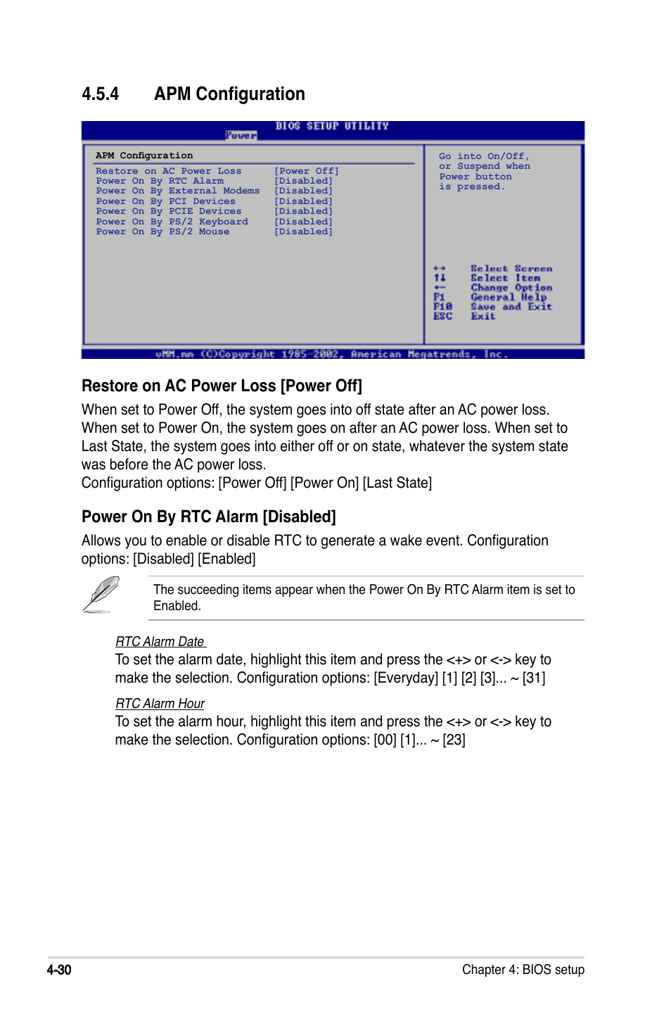 4 apm configuration, Restore on ac power loss [power off, Power on by rtc alarm [disabled | Asus P5LD2-X/GBL User Manual | Page 88 / 112