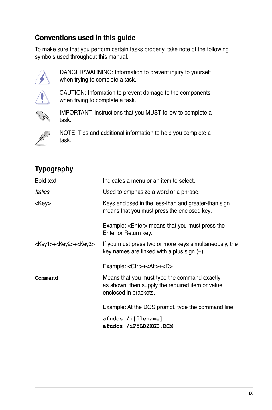 Conventions used in this guide, Typography | Asus P5LD2-X/GBL User Manual | Page 9 / 112