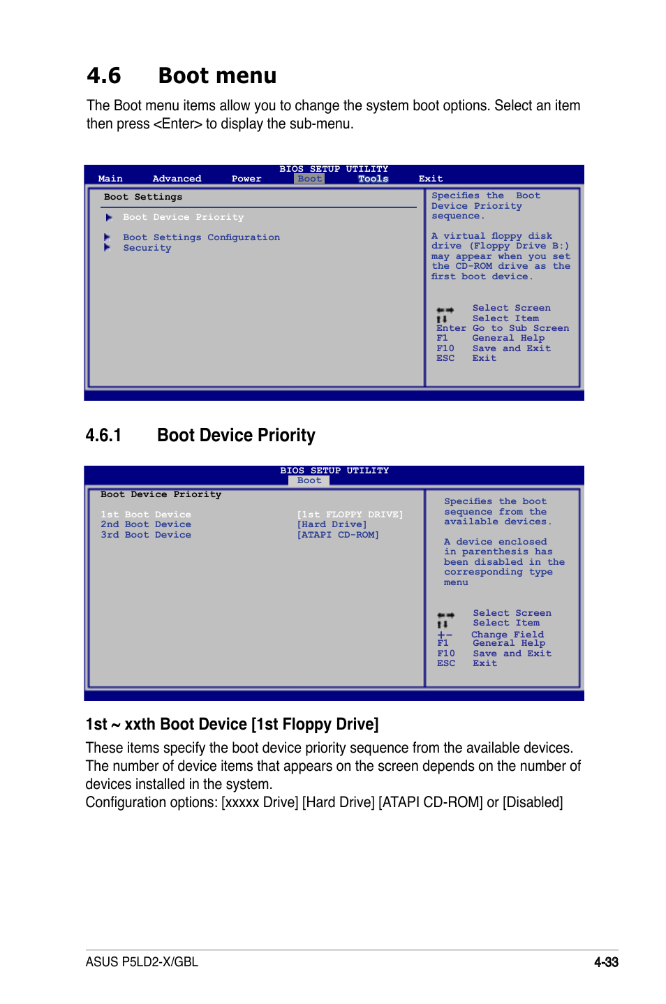 6 boot menu, 1 boot device priority, 1st ~ xxth boot device [1st floppy drive | Asus P5LD2-X/GBL User Manual | Page 91 / 112