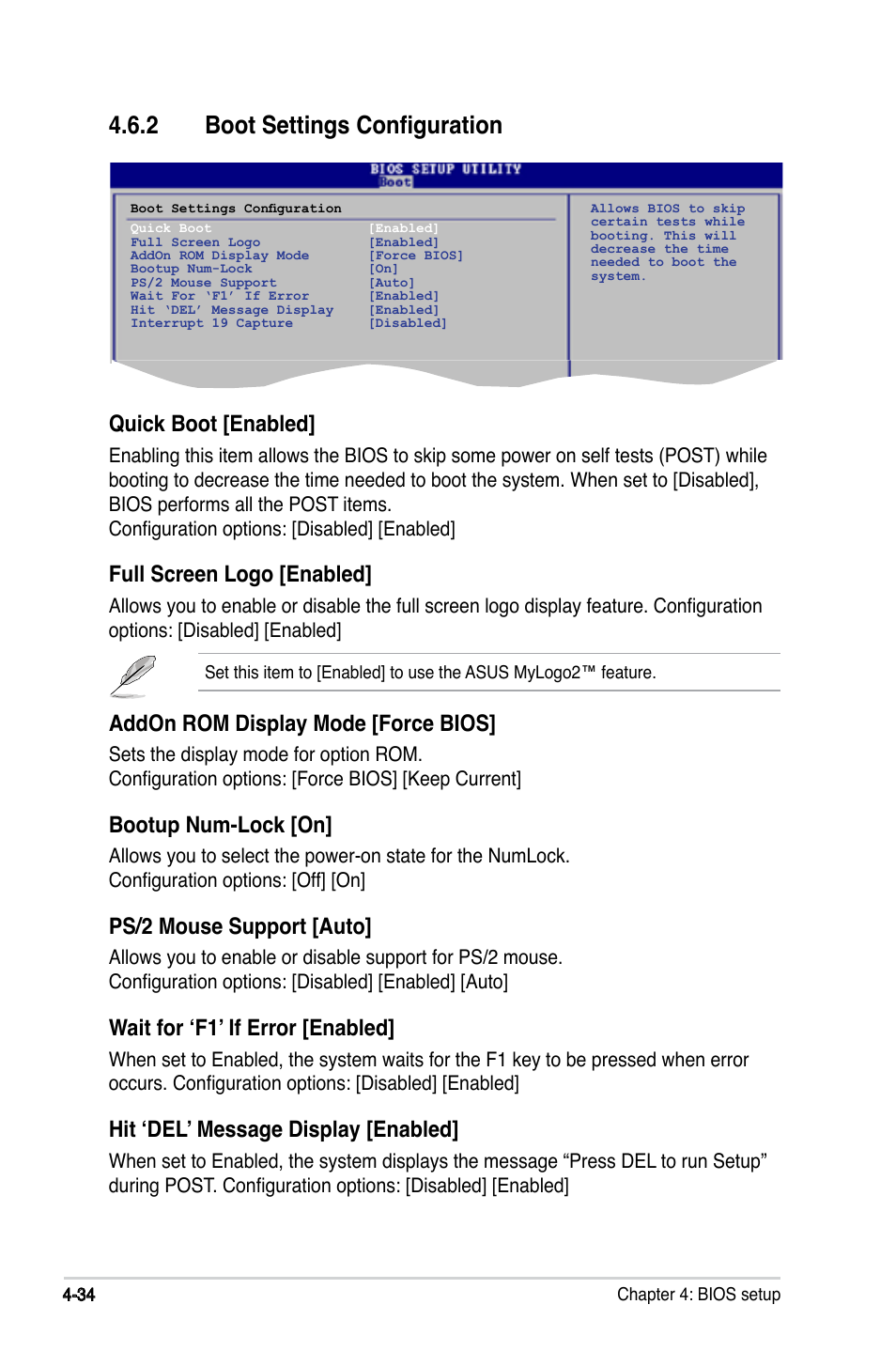 2 boot settings configuration, Quick boot [enabled, Full screen logo [enabled | Addon rom display mode [force bios, Bootup num-lock [on, Ps/2 mouse support [auto, Wait for ‘f1’ if error [enabled, Hit ‘del’ message display [enabled | Asus P5LD2-X/GBL User Manual | Page 92 / 112