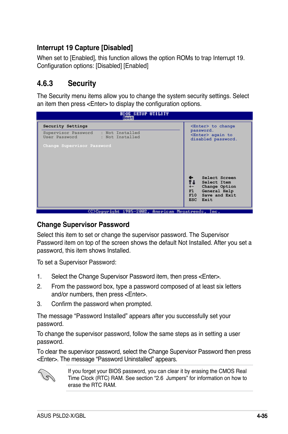 3 security, Interrupt 19 capture [disabled, Change supervisor password | Asus P5LD2-X/GBL User Manual | Page 93 / 112