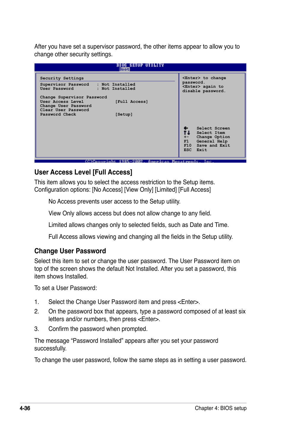 User access level [full access, Change user password | Asus P5LD2-X/GBL User Manual | Page 94 / 112