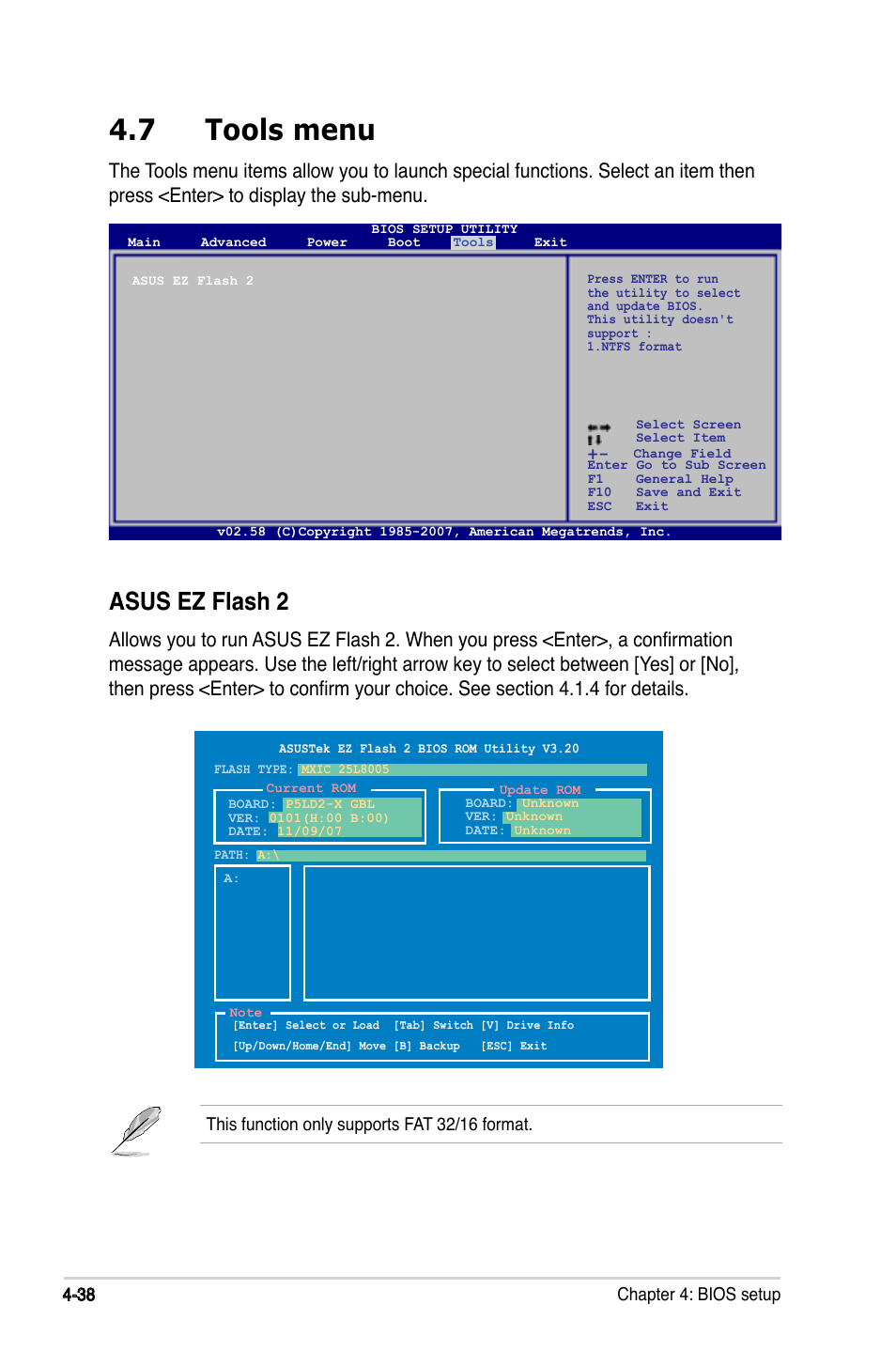 7 tools menu, Asus ez flash 2 | Asus P5LD2-X/GBL User Manual | Page 96 / 112