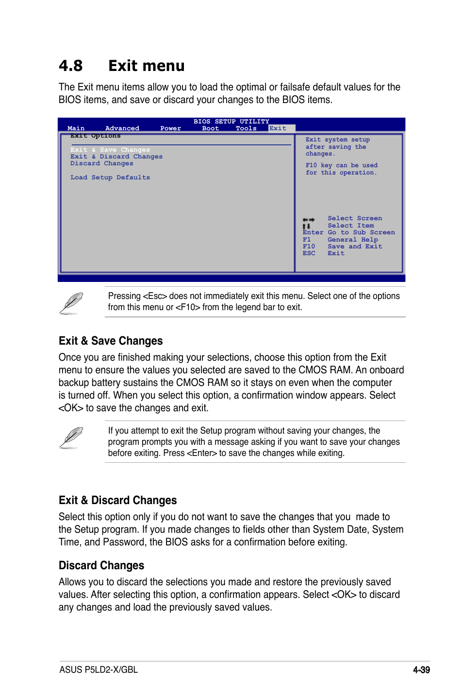 8 exit menu, Exit & discard changes, Discard changes | Exit & save changes | Asus P5LD2-X/GBL User Manual | Page 97 / 112