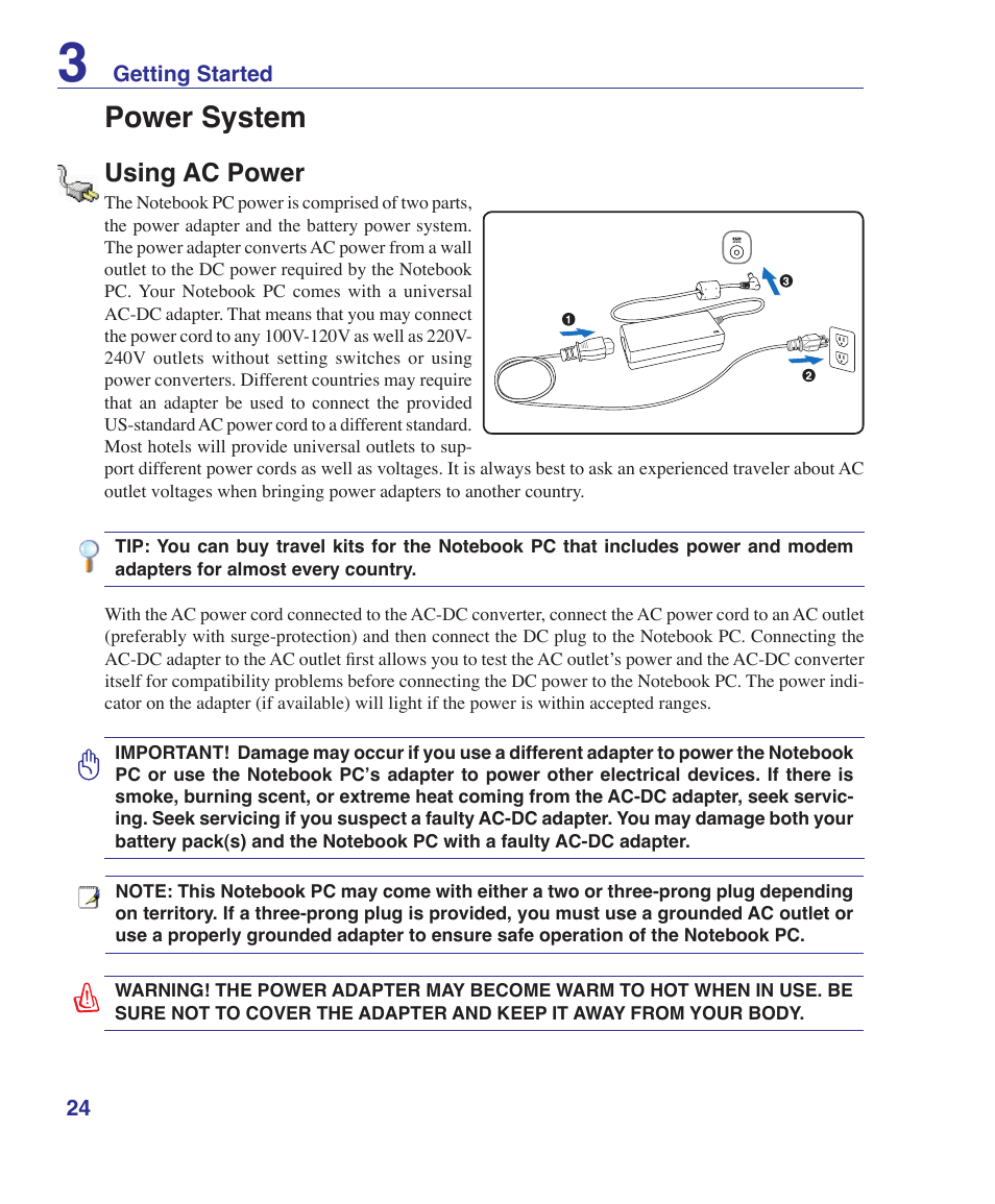 Power system, Using ac power | Asus Pro60Ve User Manual | Page 24 / 85