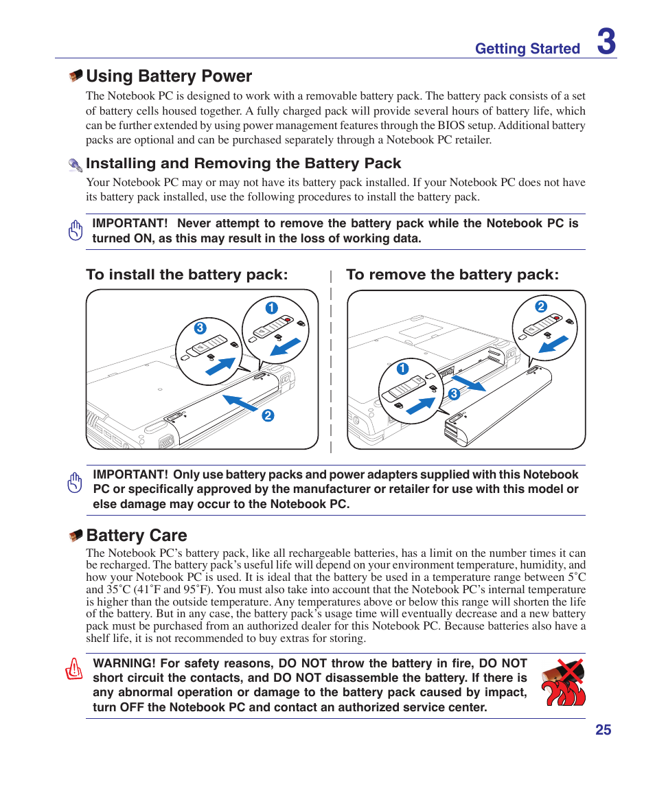 Using battery power, Battery care | Asus Pro60Ve User Manual | Page 25 / 85