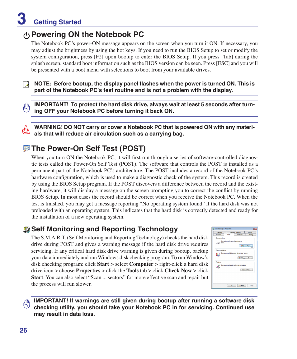 Powering on the notebook pc, The power-on self test (post) | Asus Pro60Ve User Manual | Page 26 / 85