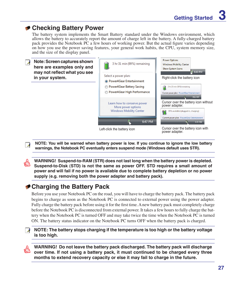 Checking battery power, Charging the battery pack | Asus Pro60Ve User Manual | Page 27 / 85