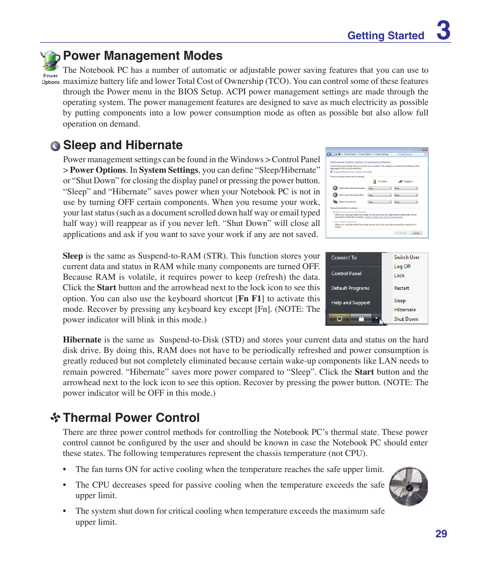 Power management modes, Sleep and hibernate, Thermal power control | Asus Pro60Ve User Manual | Page 29 / 85