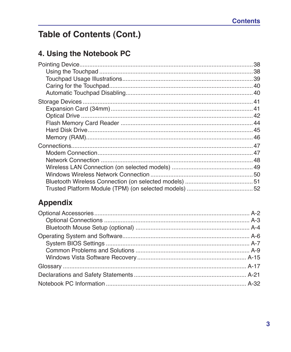 Table of contents (cont.), Appendix | Asus Pro60Ve User Manual | Page 3 / 85