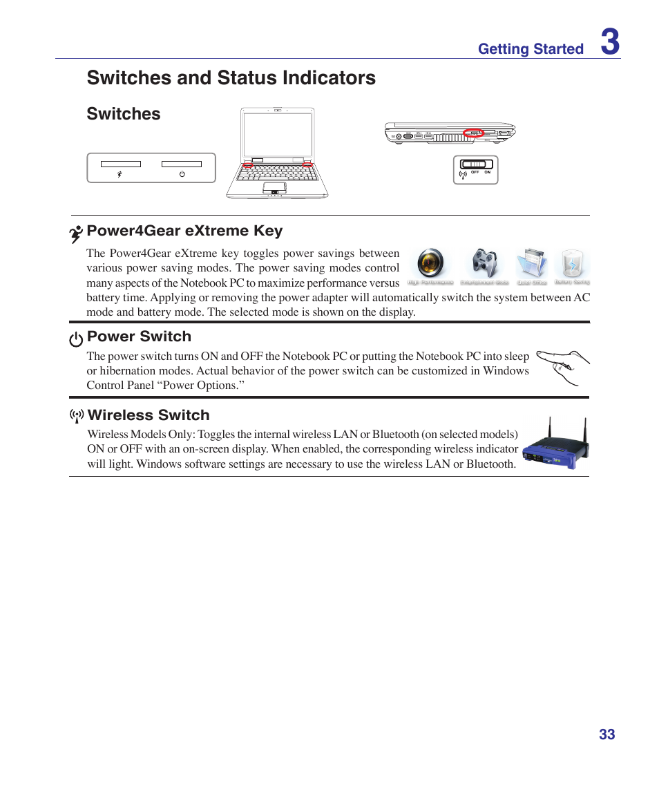 Switches and status indicators, Switches | Asus Pro60Ve User Manual | Page 33 / 85