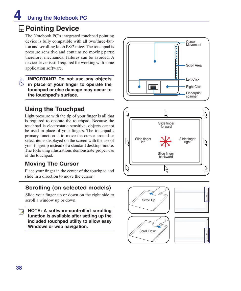 Pointing device, Using the touchpad, Moving the cursor | Scrolling (on selected models) | Asus Pro60Ve User Manual | Page 38 / 85