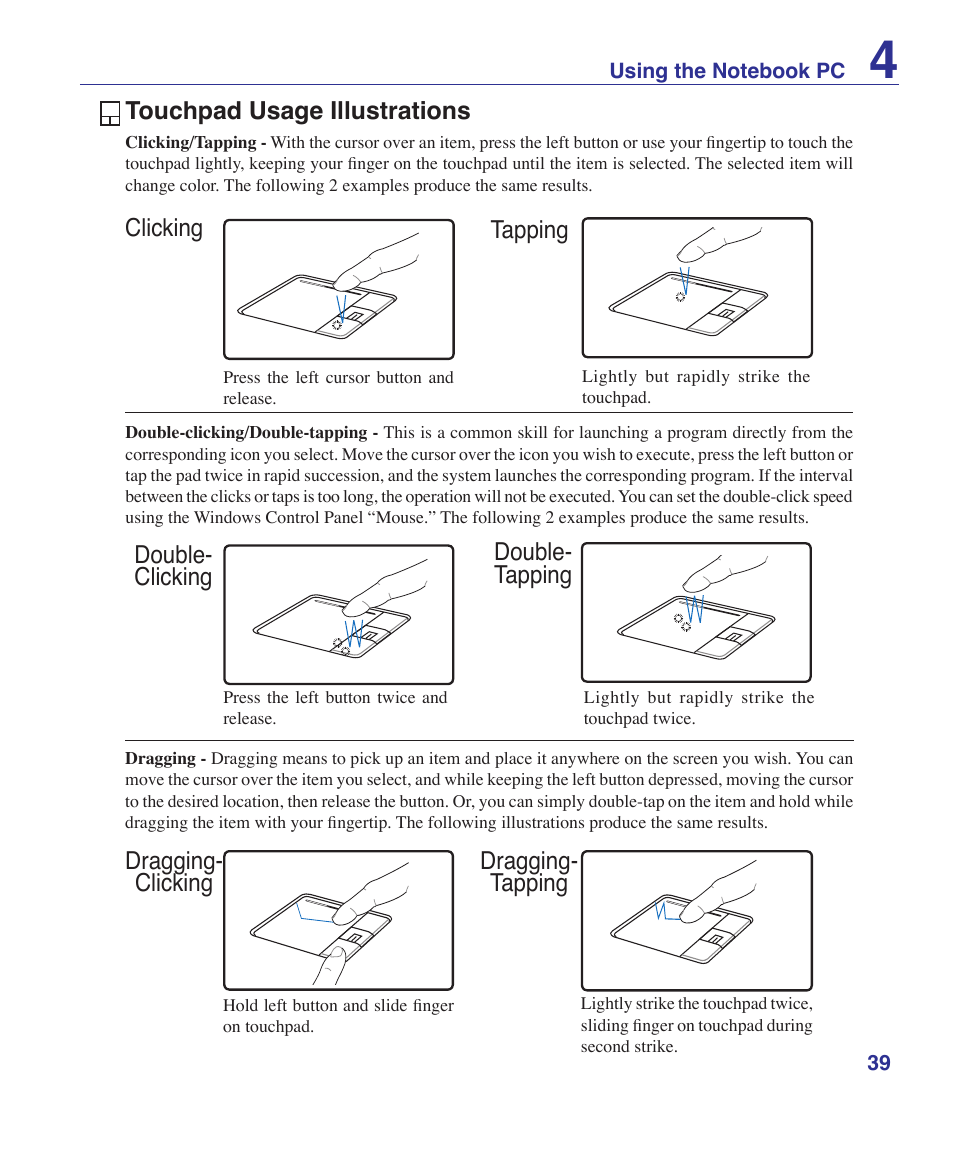 Touchpad usage illustrations, Dragging- clicking dragging- tapping | Asus Pro60Ve User Manual | Page 39 / 85