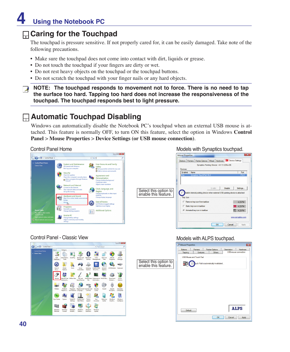 Caring for the touchpad, Automatic touchpad disabling | Asus Pro60Ve User Manual | Page 40 / 85