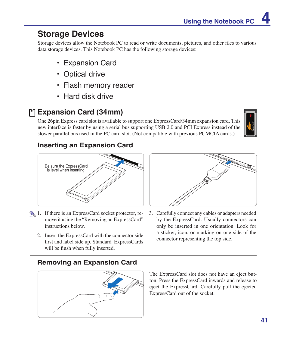 Storage devices, Expansion card (34mm) | Asus Pro60Ve User Manual | Page 41 / 85