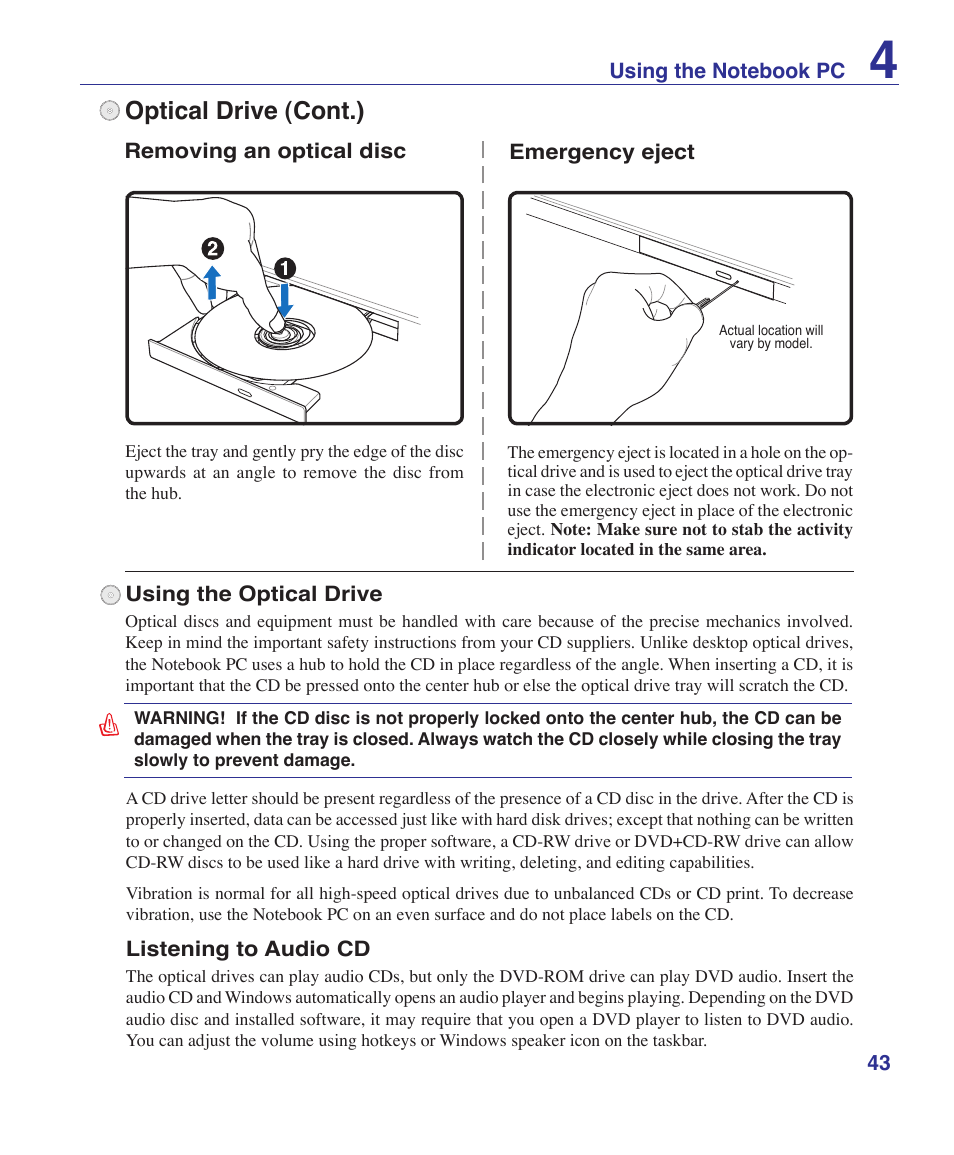 Optical drive (cont.) | Asus Pro60Ve User Manual | Page 43 / 85
