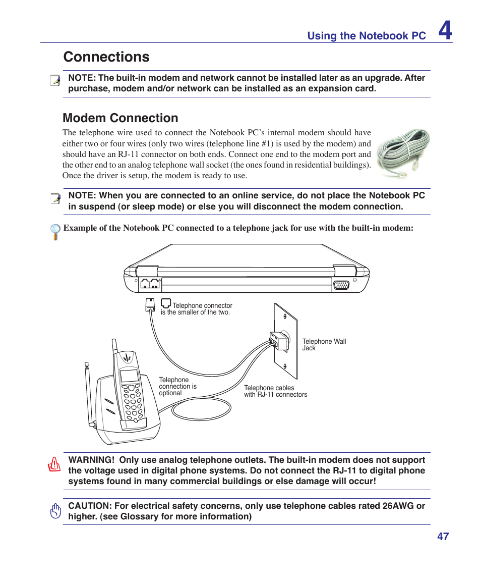 Connections, Modem connection | Asus Pro60Ve User Manual | Page 47 / 85