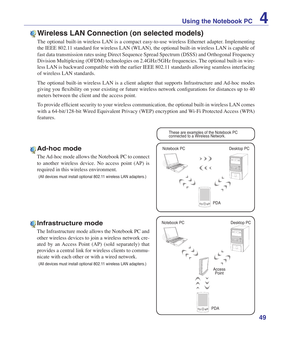 Wireless lan connection (on selected models) | Asus Pro60Ve User Manual | Page 49 / 85