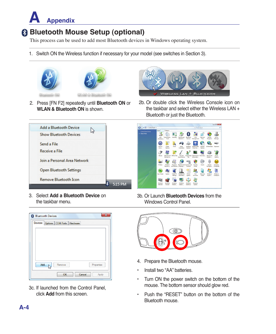 Bluetooth mouse setup (optional), Appendix a-4 | Asus Pro60Ve User Manual | Page 56 / 85