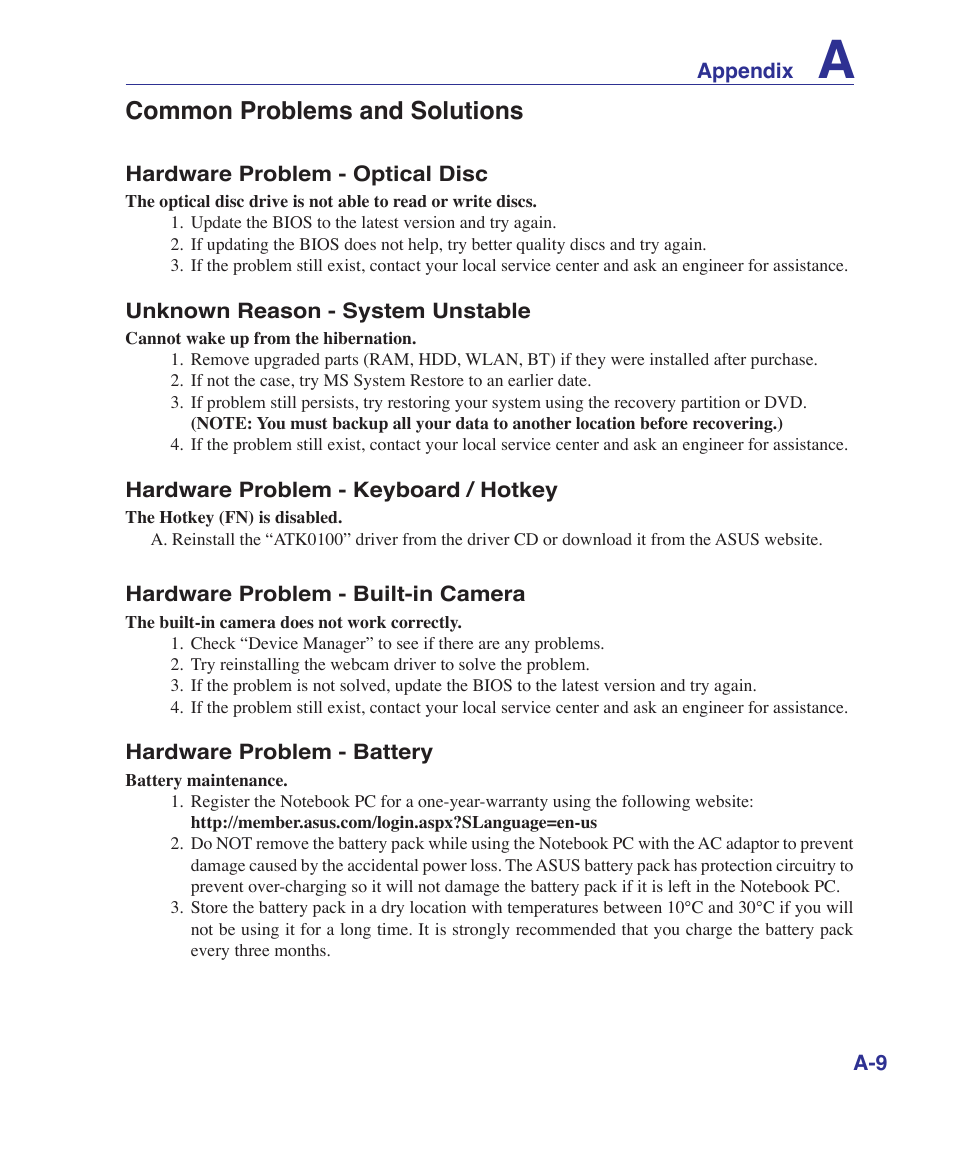 Common problems and solutions | Asus Pro60Ve User Manual | Page 61 / 85