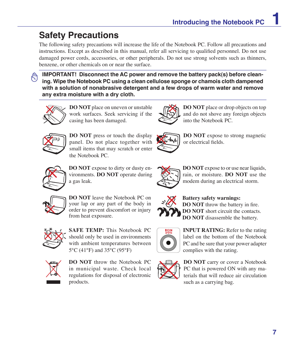 Safety precautions | Asus Pro60Ve User Manual | Page 7 / 85