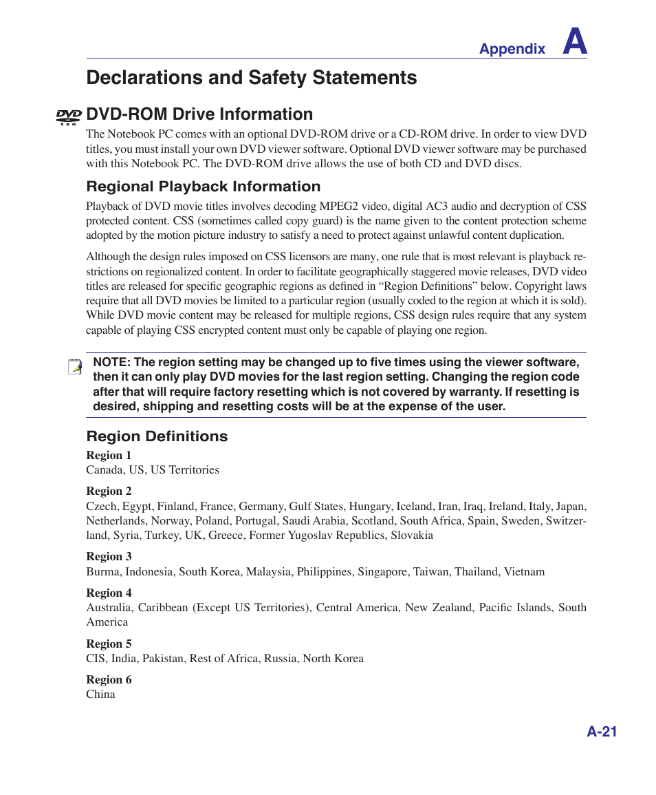 Declarations and safety statements, Dvd-rom drive information | Asus Pro60Ve User Manual | Page 73 / 85