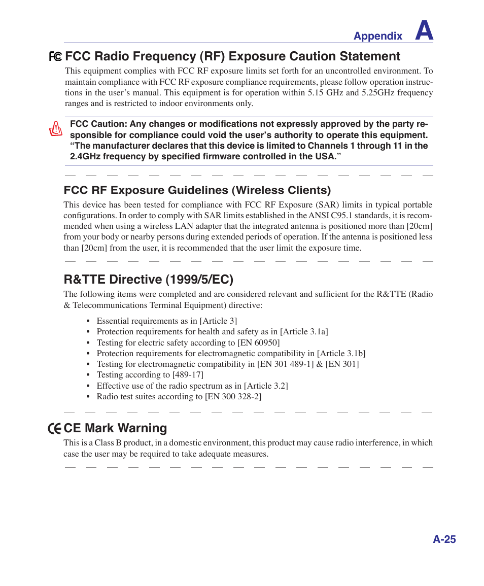 R&tte directive (1/5/ec), Ce mark warning | Asus Pro60Ve User Manual | Page 77 / 85