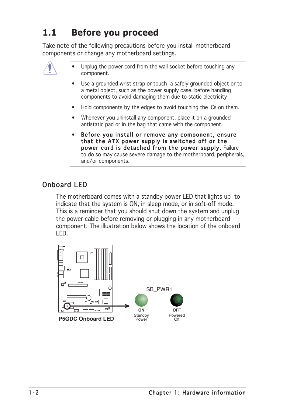 1 before you proceed, Onboard led | Asus P5GDC Deluxe User Manual | Page 12 / 86