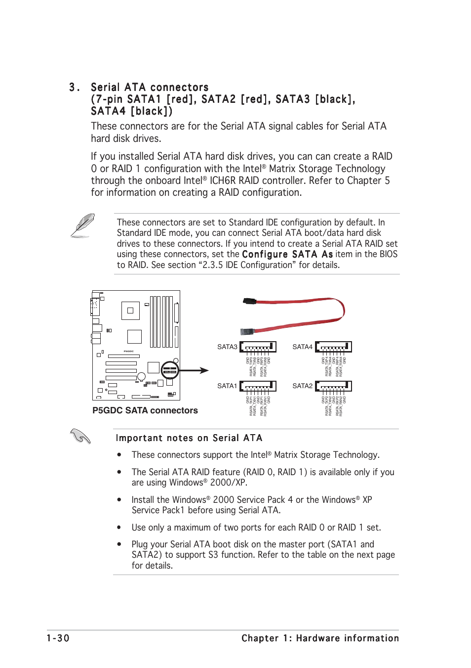 2000/xp. • install the windows, P5gdc sata connectors | Asus P5GDC Deluxe User Manual | Page 40 / 86