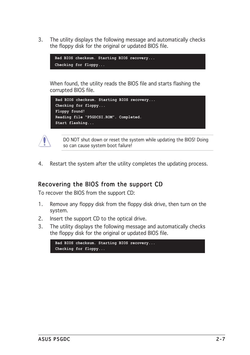 Recovering the bios from the support cd | Asus P5GDC Deluxe User Manual | Page 55 / 86