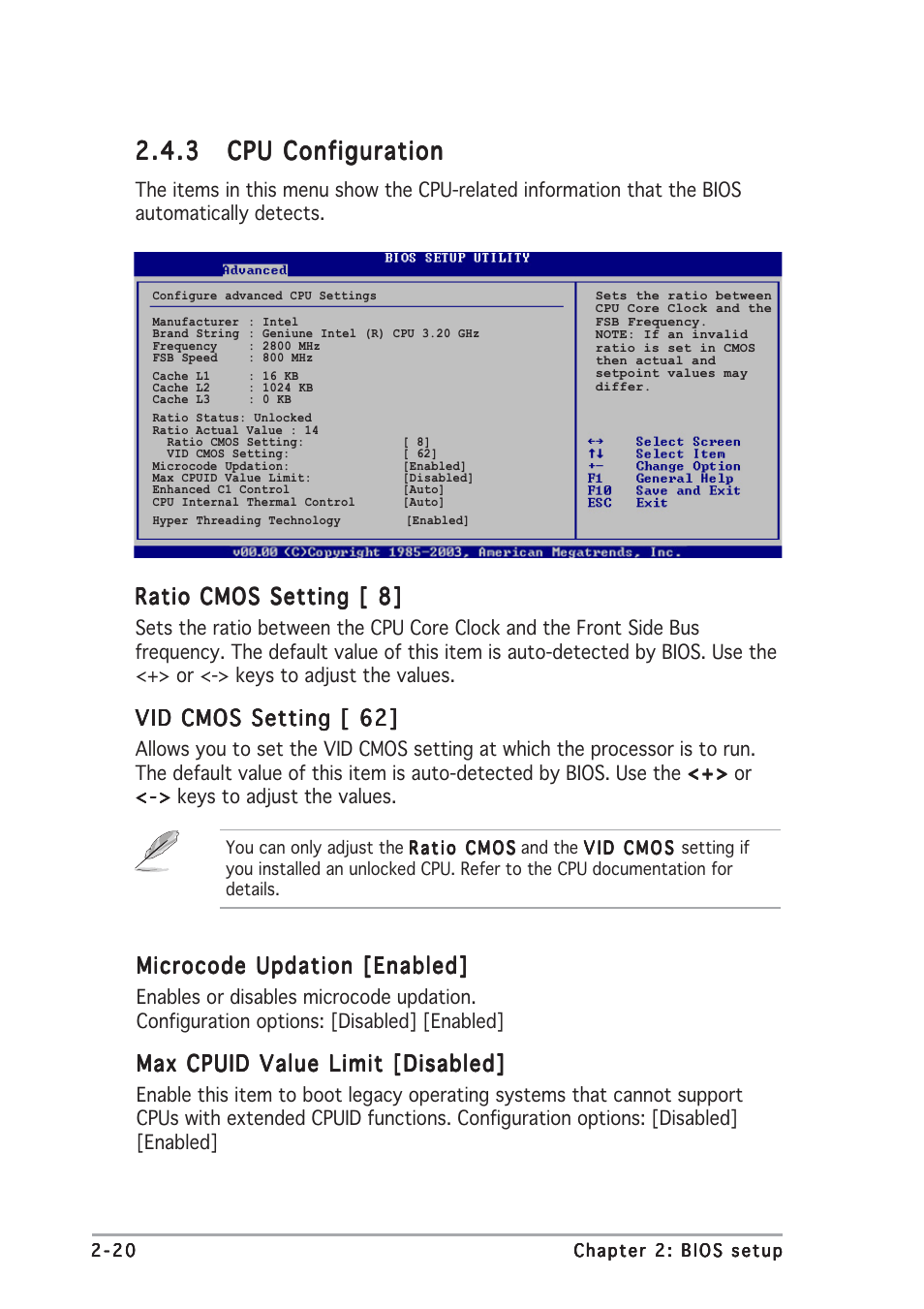 Ratio cmos setting [ 8, Vid cmos setting [ 62, Microcode updation [enabled | Max cpuid value limit [disabled | Asus P5GDC Deluxe User Manual | Page 68 / 86