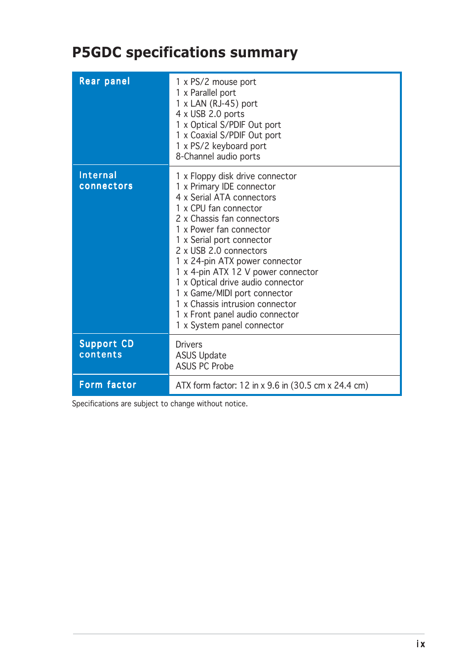 P5gdc specifications summary | Asus P5GDC Deluxe User Manual | Page 9 / 86