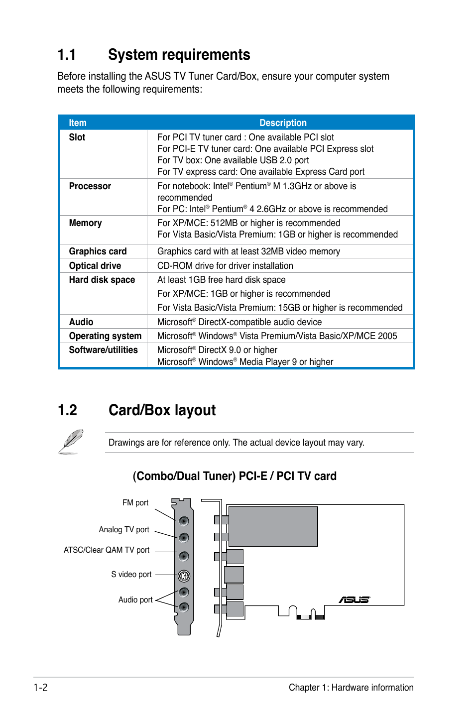 1 system requirements, 2 card/box layout, System requirements -2 | Card/box layout -2, Combo/dual tuner) pci-e / pci tv card | Asus My Cinema-US1-100 User Manual | Page 10 / 53