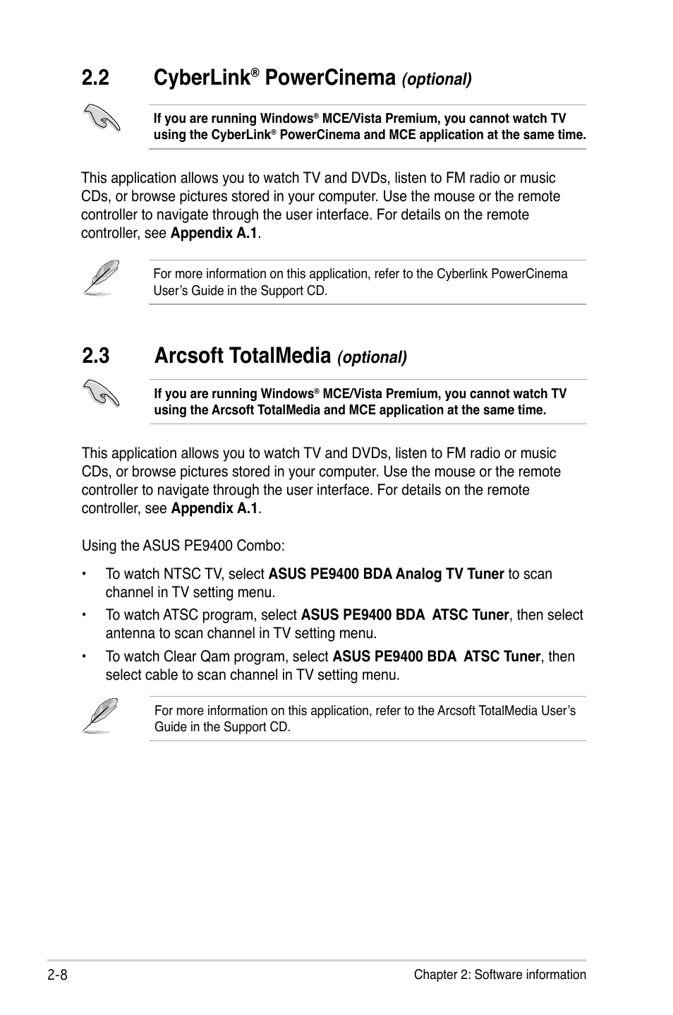 2 cyberlink® powercinema (optional), 3 arcsoft totalmedia (optional), Cyberlink | Powercinema, Optional) -8, Arcsoft totalmedia, 2 cyberlink, 3 arcsoft totalmedia | Asus My Cinema-US1-100 User Manual | Page 36 / 53